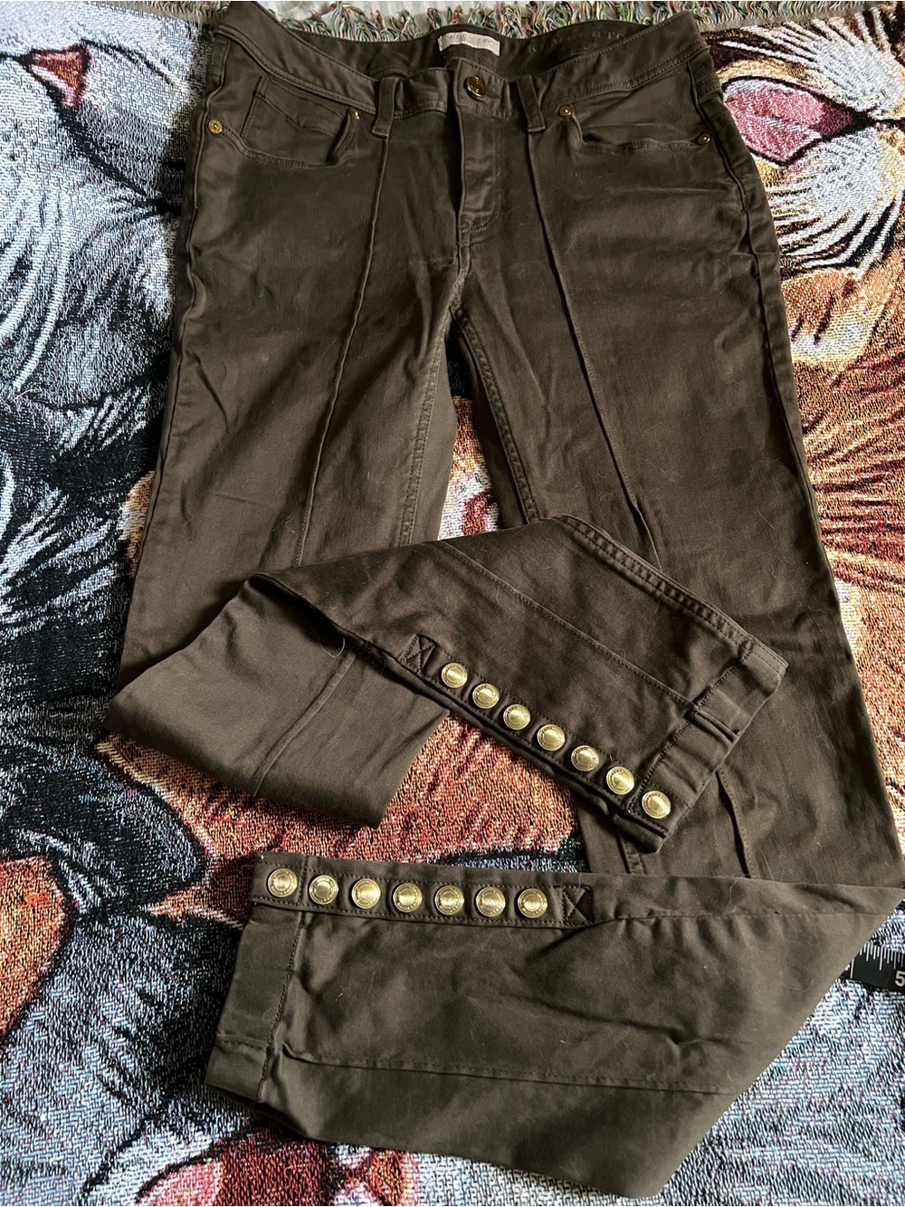 Burberry Olive Green Skinny Jeans with Gold-Tone Button Cuffs